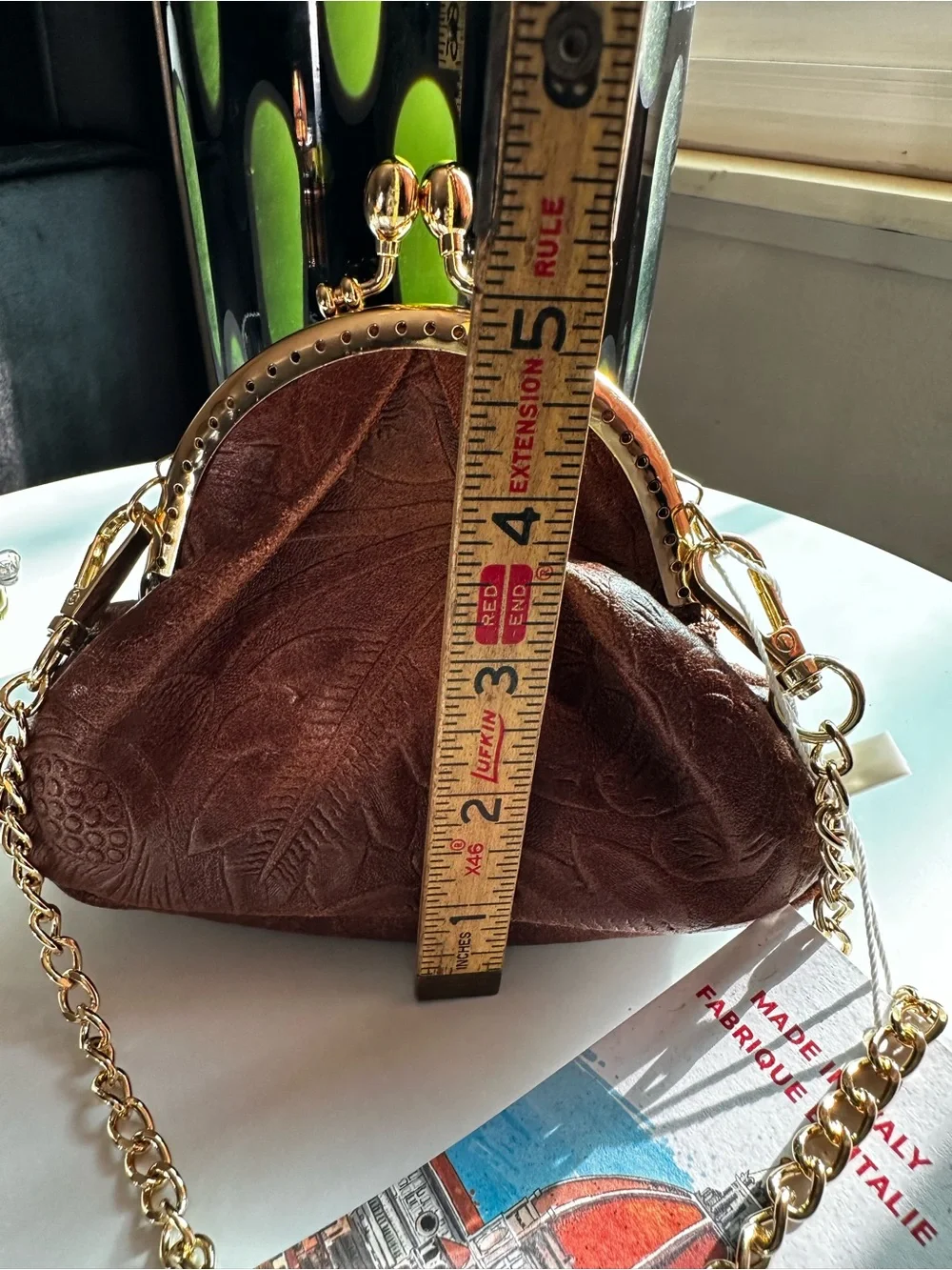 Brown Textured Kiss-Lock Crossbody Clutch with Gold Chain